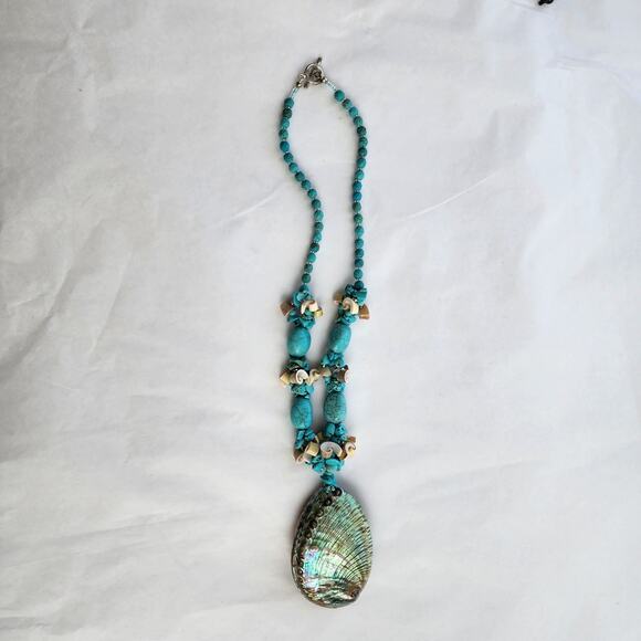 Hand Made Artisan Genuine Turquoise Blue Stone Abalone shell boho beach NECKLACE - Picture 11 of 12